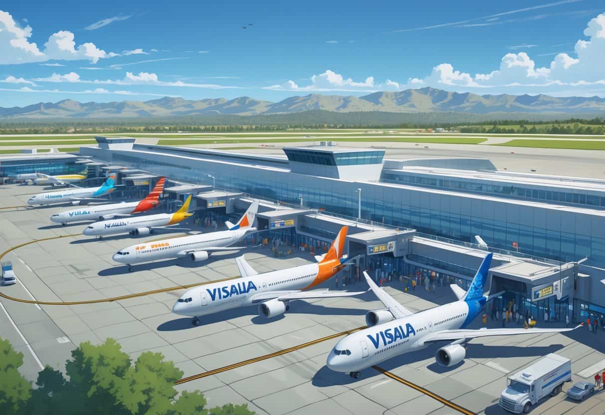 View of Visalia California Airport with airplanes parked at gates, terminal building, and mountains in the background.