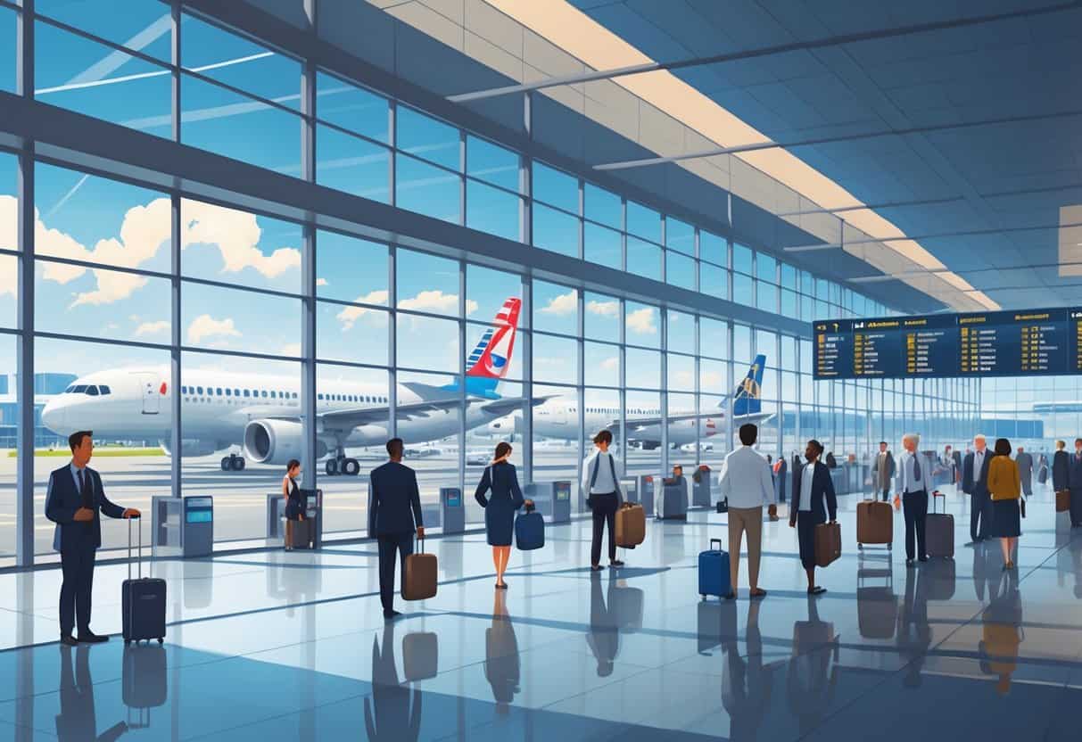A busy airport terminal with passengers, airplanes from different international airlines, and views of Washington DC landmarks through large windows.
