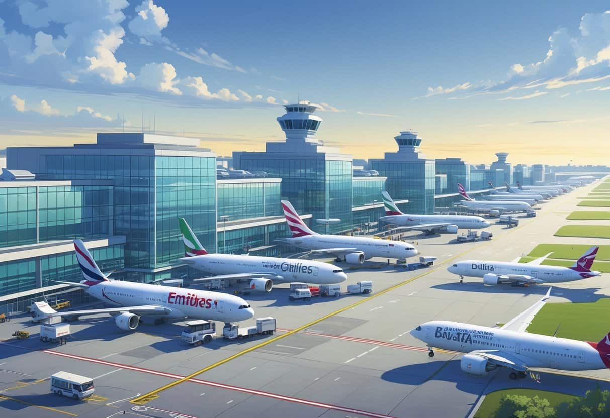 Overview of Washington Dulles International Airport with multiple international airplanes parked at gates and airport buildings in the background.