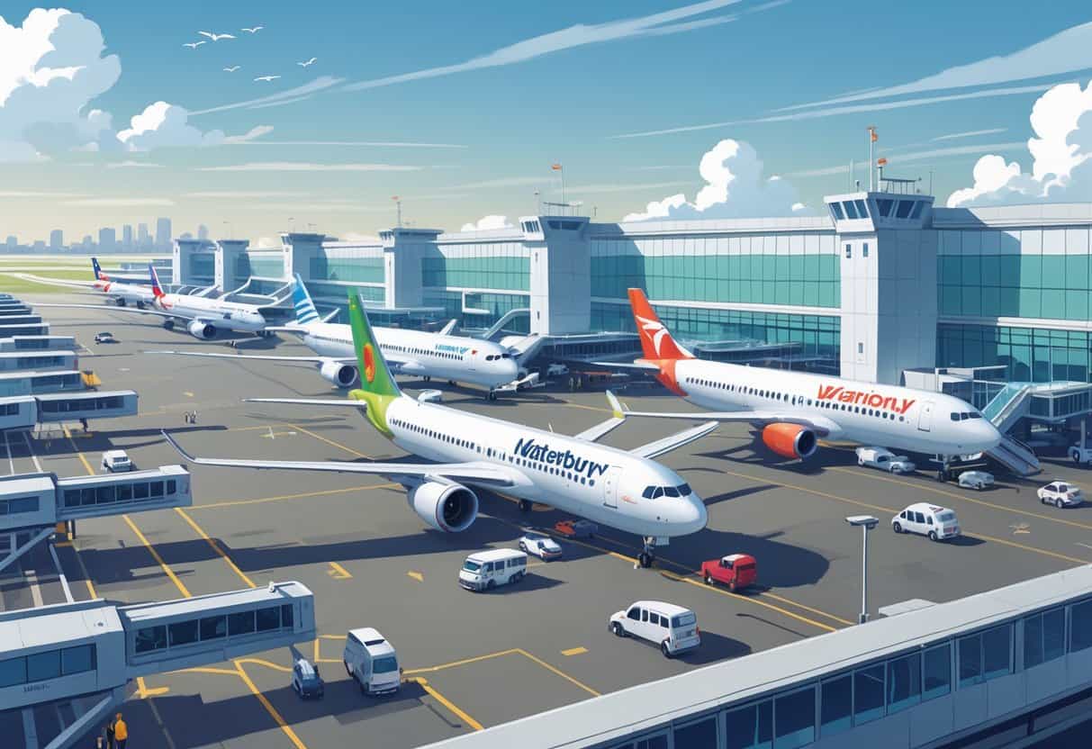 A busy airport scene at Waterbury Connecticut Airport with several international airplanes parked and passengers moving around the terminal.