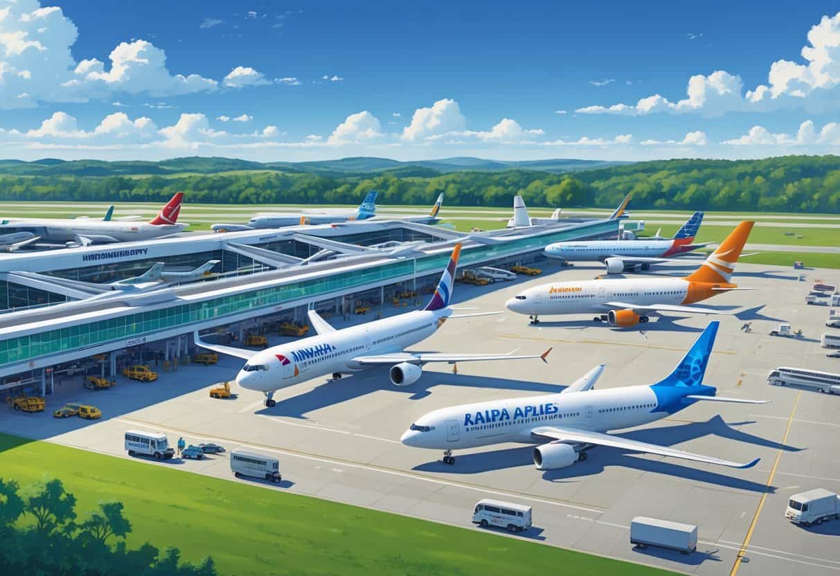 An airport terminal with several international airplanes parked at gates, surrounded by green landscape and clear sky, showing airport staff and vehicles managing operations.