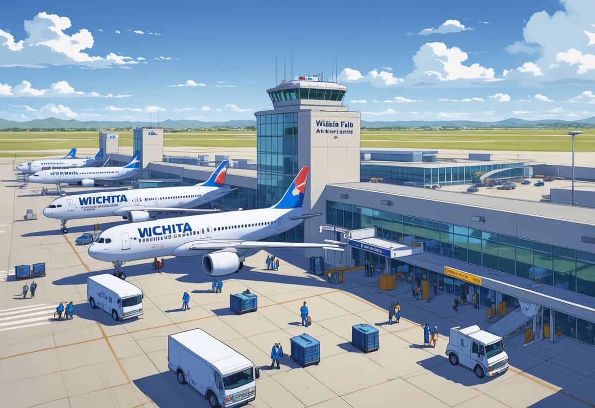 An international airport terminal at Wichita Falls with airplanes at gates, passengers walking, and airport staff and vehicles active on the tarmac.