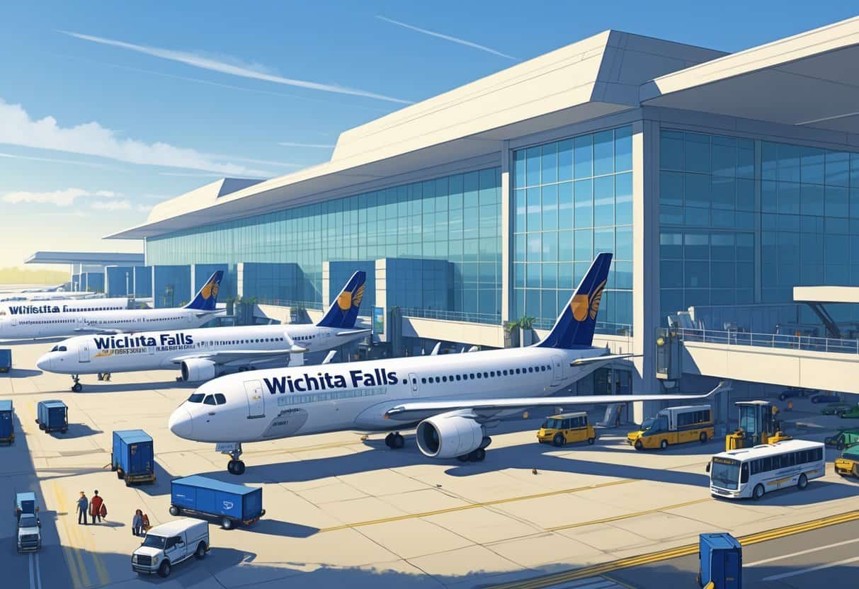An airport terminal in Wichita Falls, Texas with several international airplanes parked and passengers moving around the busy scene.