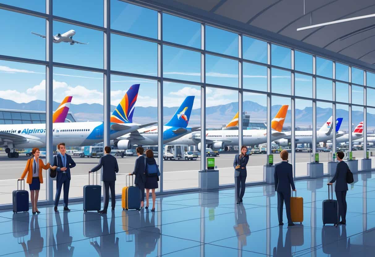 A busy airport terminal with travelers, airline staff, airplanes from different international airlines outside large windows, and mountains visible in the distance.