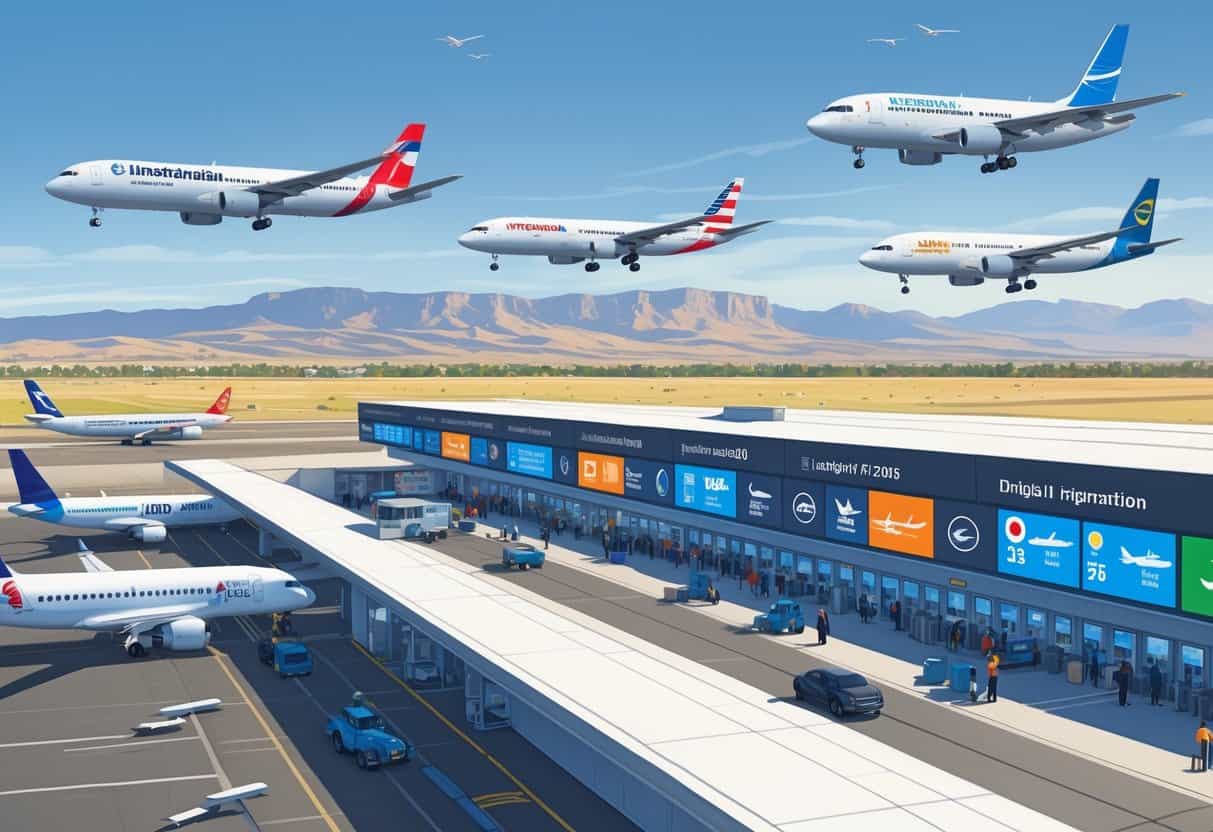 An airport near West Jordan, Utah, showing airplanes from various international airlines on runways, a terminal with passengers, and a mountainous background.