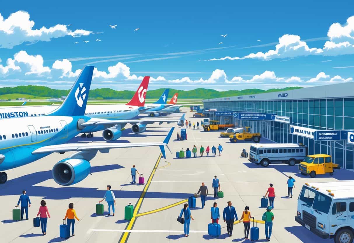 A busy international airport terminal with airplanes from different airlines parked at gates, travelers walking with luggage, and airport staff assisting passengers under a clear sky.