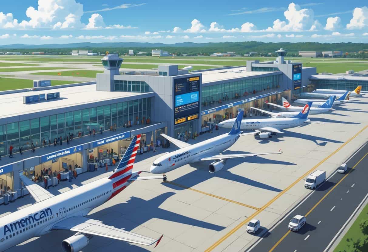 An international airport terminal in Winston North Carolina with various airplanes from different airlines parked at gates, passengers moving inside, and airport activity outside under a clear sky.