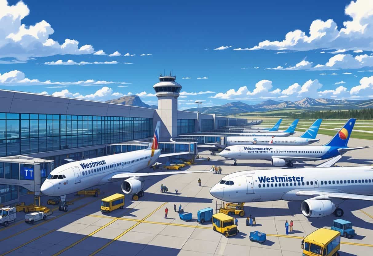 An airport terminal with airplanes from international airlines parked at gates, travelers walking with luggage, and a control tower with mountains in the background.