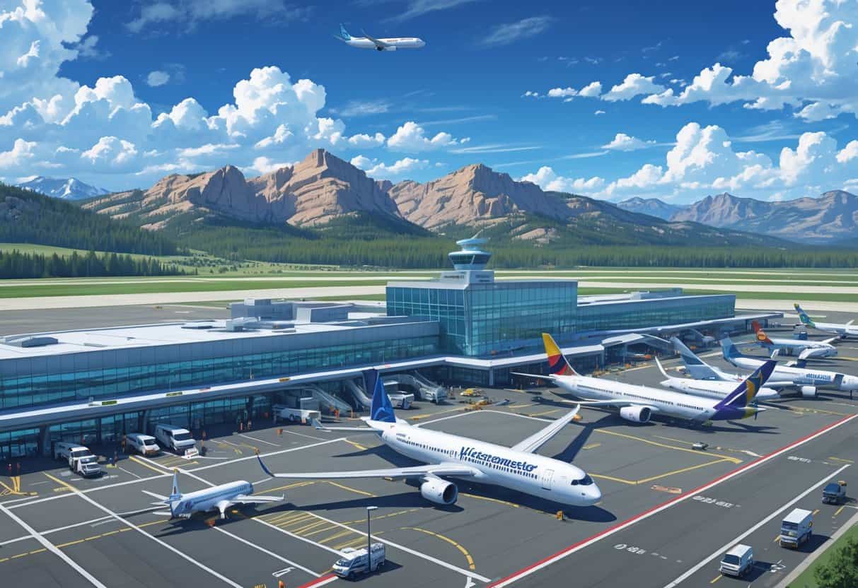 View of Westminster Colorado Airport with several airplanes from international airlines parked at the terminal and mountains in the background.
