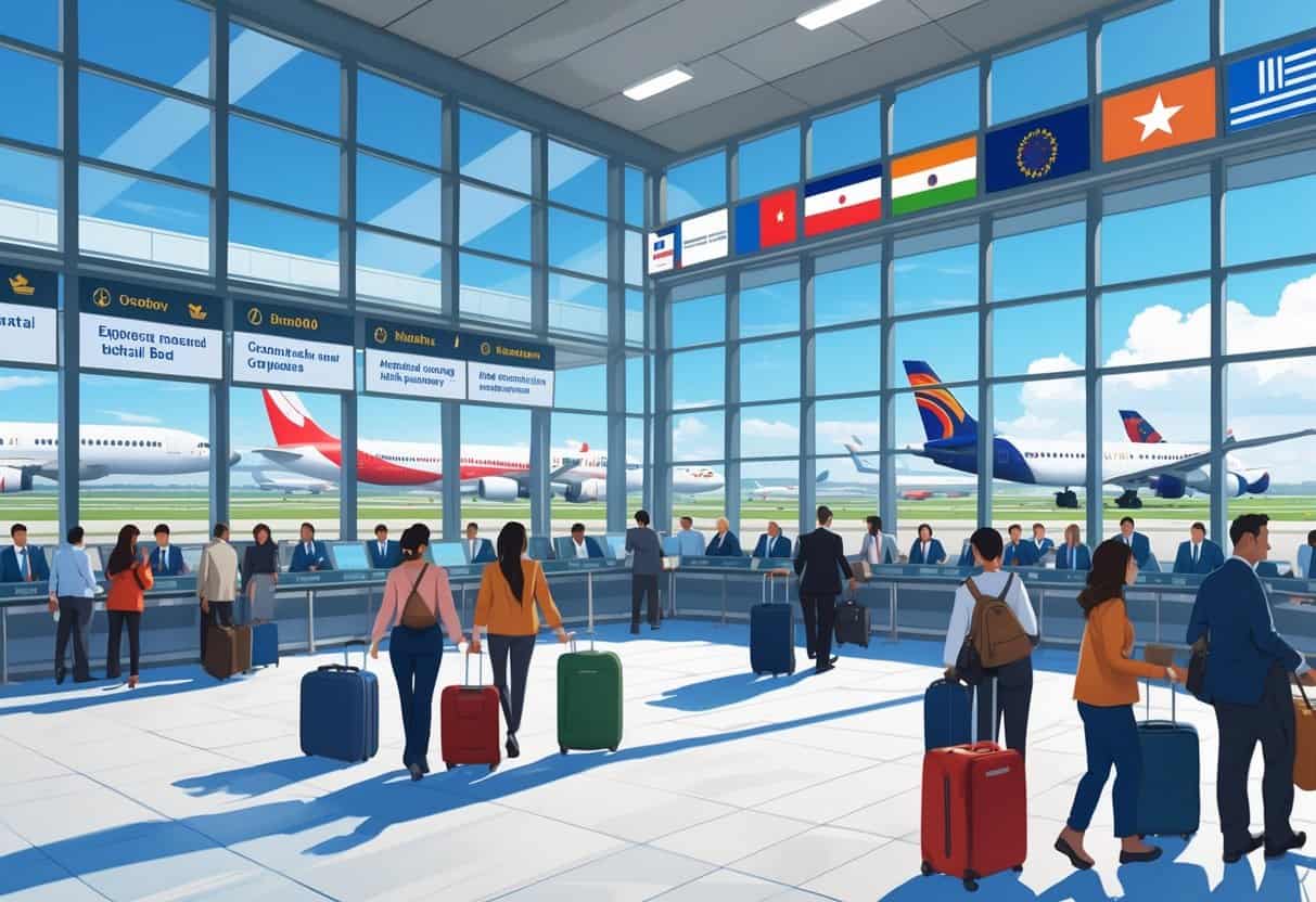 A busy international airport terminal with travelers and airplanes visible outside through large windows.