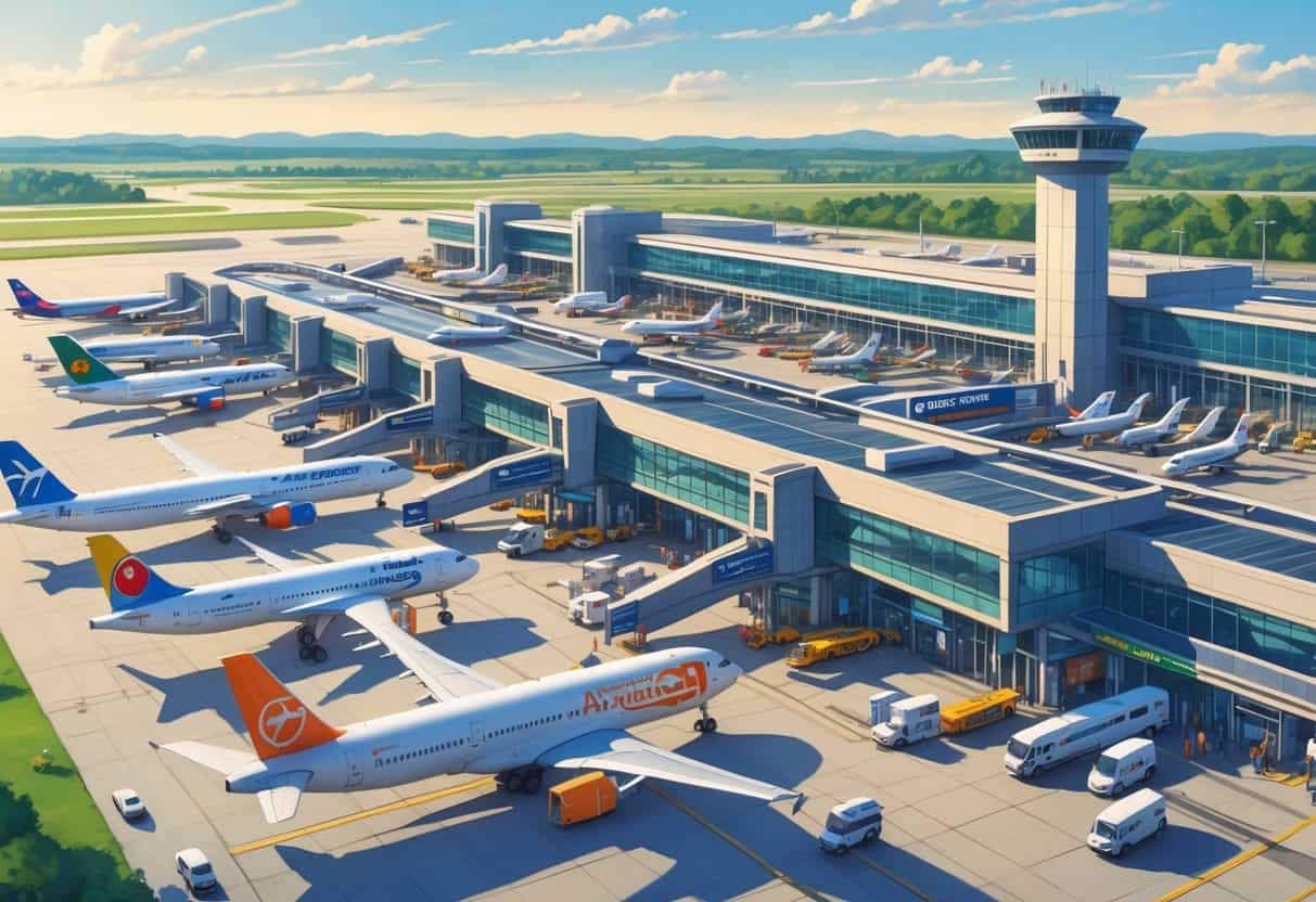 A busy airport terminal at Woodbridge New Jersey with multiple international airplanes parked at gates and ground vehicles around.