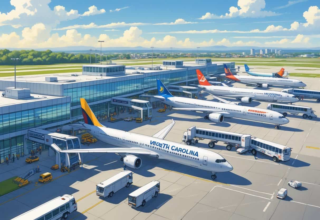 An airport scene at Wilmington North Carolina with various international airplanes parked at gates and ground vehicles moving around.