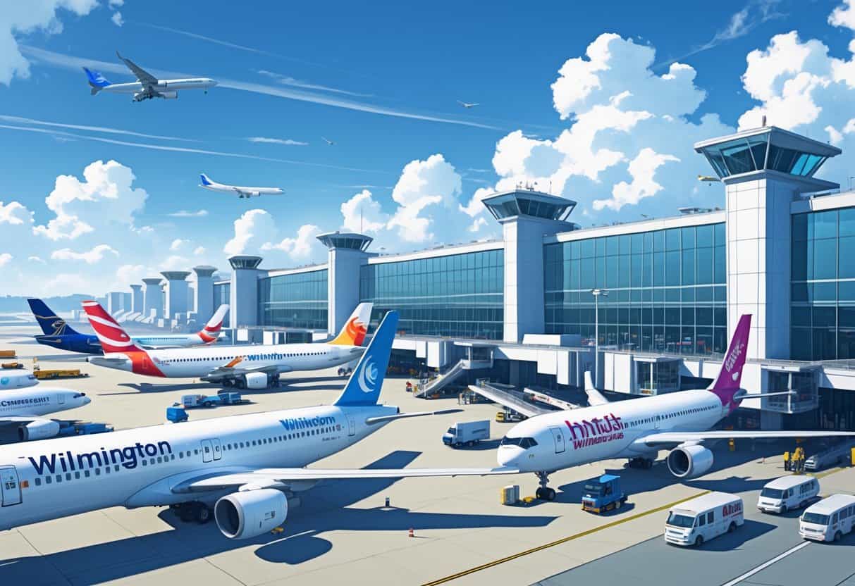 A busy airport scene with multiple international airplanes parked at gates and airport staff working around them under a clear sky.