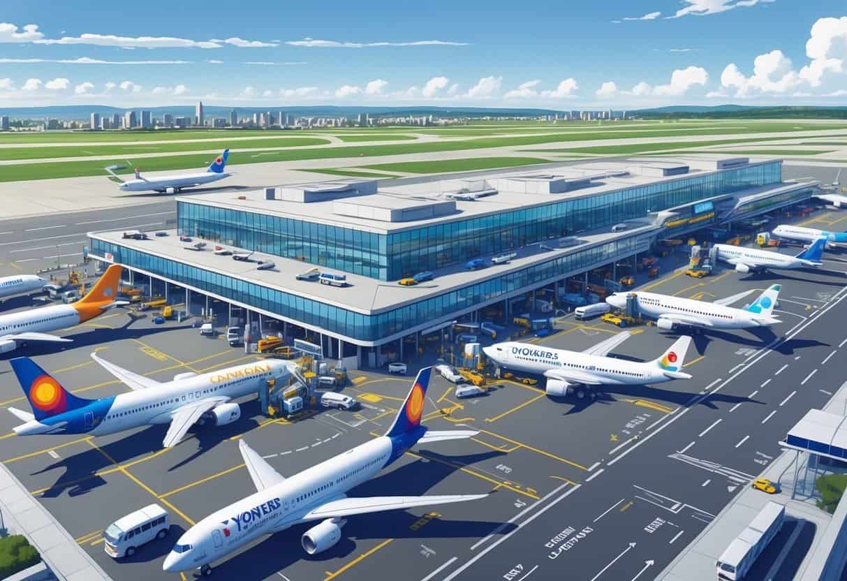 An airport terminal with several international airplanes parked at gates, airport staff and vehicles active on the tarmac, and a city skyline in the background.