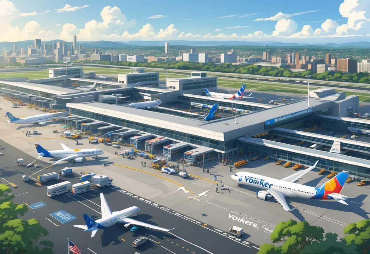 A busy international airport terminal in Yonkers, New York with multiple airplanes from different global airlines parked at gates, passengers walking, and airport staff assisting travelers.