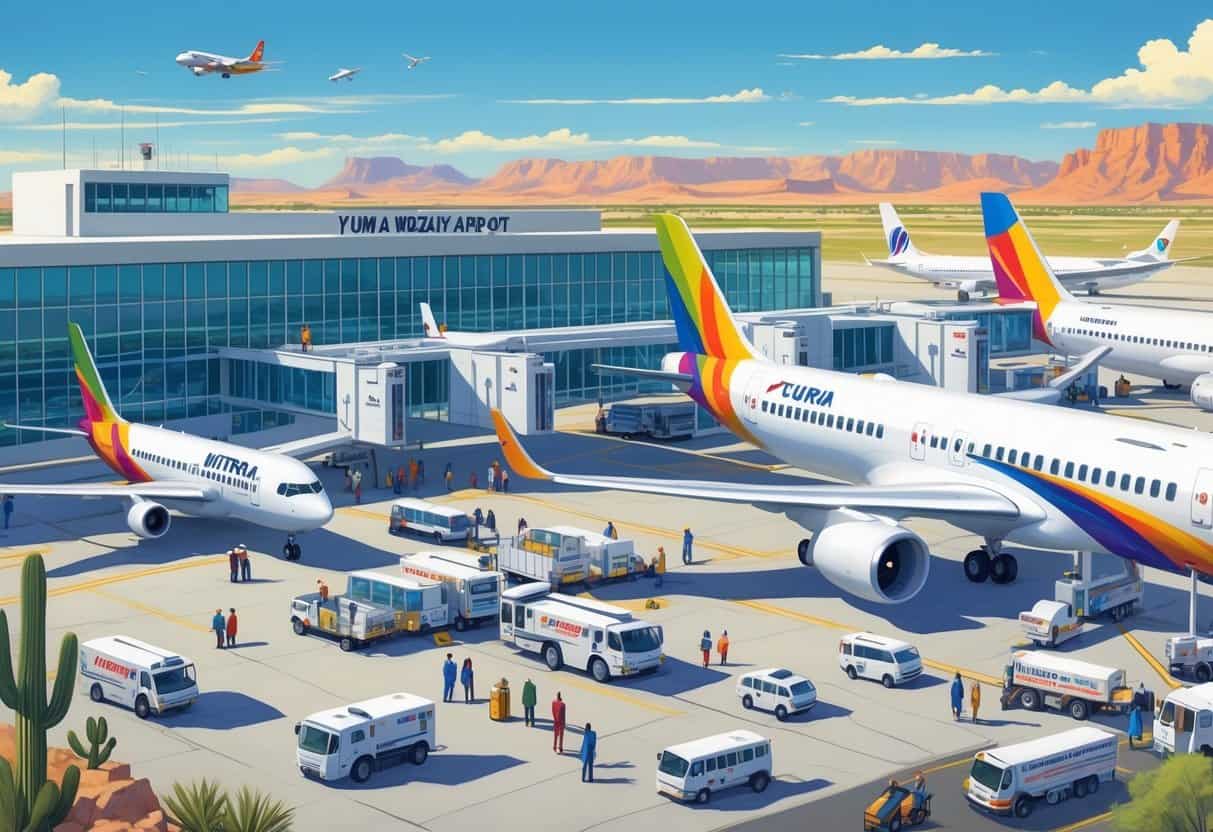 A busy international airport terminal at Yuma Arizona with airplanes, travelers, and desert landscape in the background.