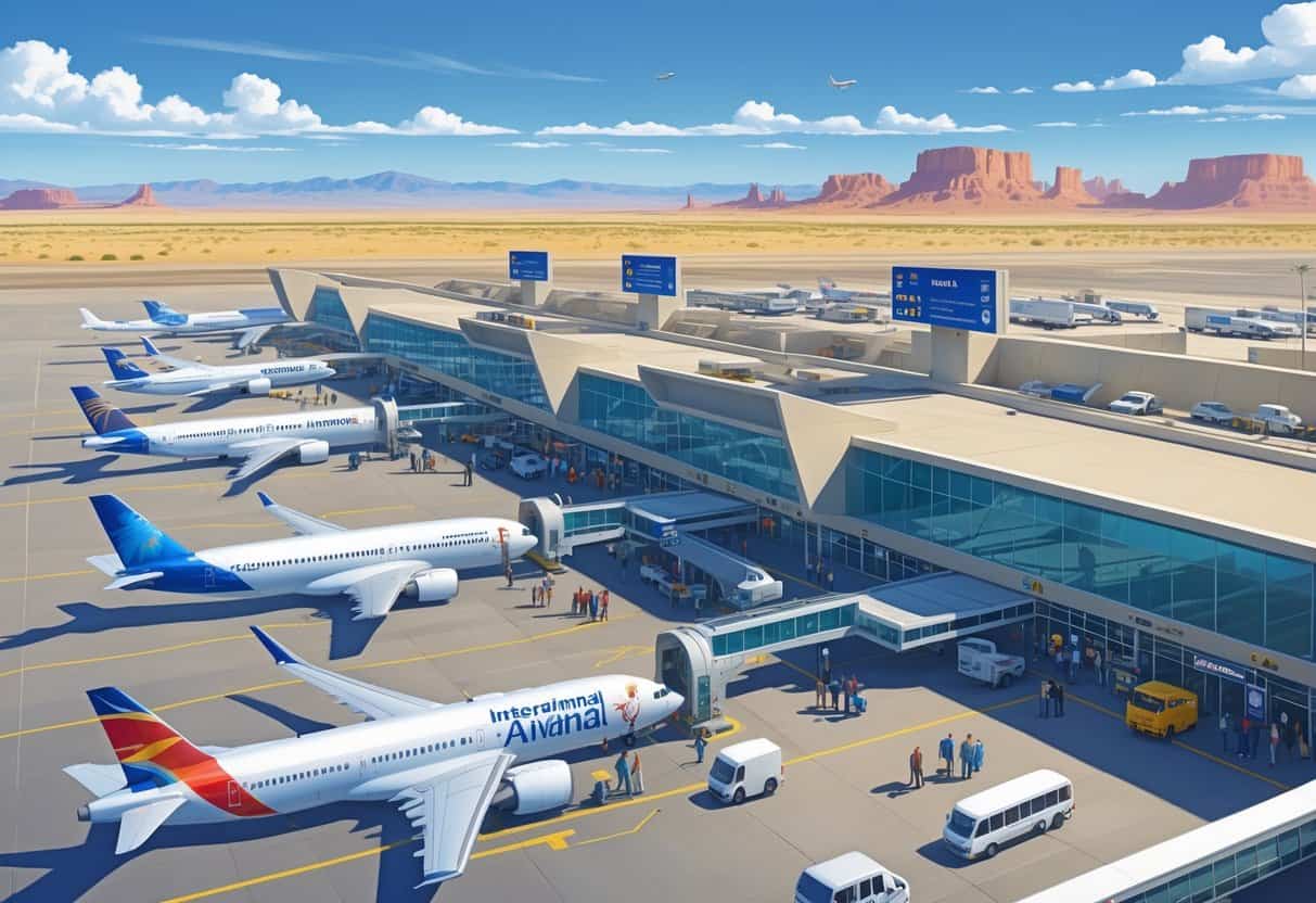 A busy international airport terminal at Yuma, Arizona, with airplanes parked at gates, passengers walking, and desert mountains in the background.