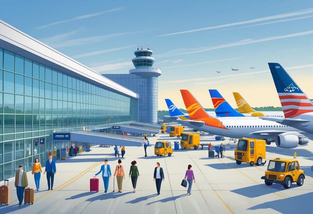 A busy international airport terminal at Worcester Massachusetts Airport with airplanes, passengers, and airport staff outside a modern building.