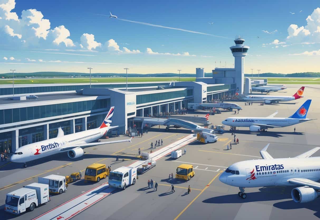 Overview of Worcester Massachusetts Airport showing multiple international airplanes parked at gates with passengers and ground vehicles around the terminal.