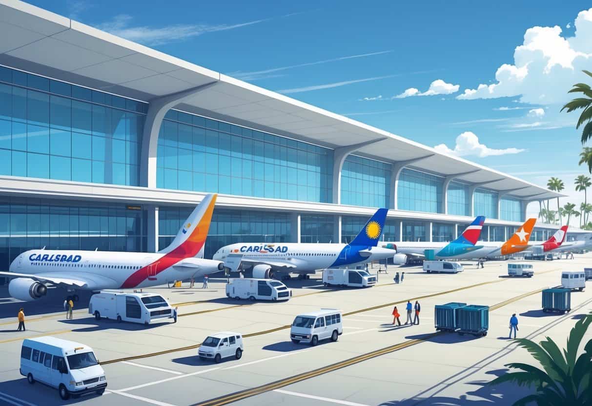 Airport terminal at Carlsbad California with several international airplanes parked and passengers walking nearby under a clear sky.