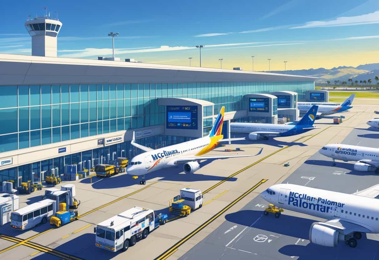 An airport terminal with multiple international airplanes parked at gates, ground service vehicles, and a clear sky with coastal landscape in the background.