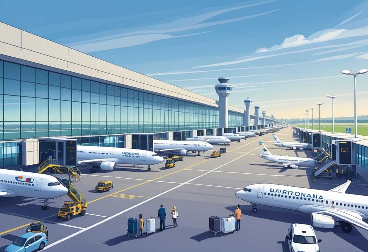 A busy airport terminal with airplanes from different international airlines parked at gates, passengers walking with luggage, and airport staff working on the tarmac.