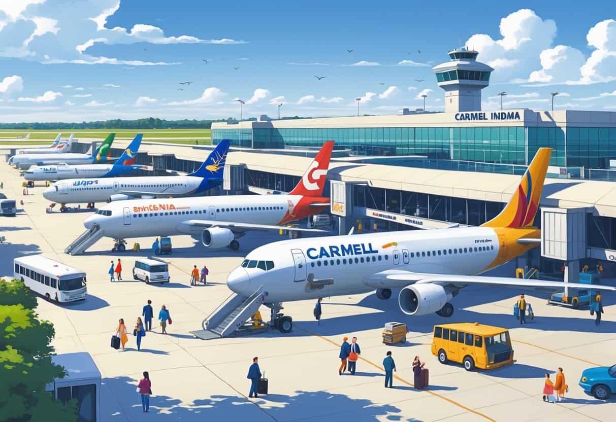 An airport terminal with multiple international airplanes from different airlines parked at gates, passengers walking with luggage, and airport staff working around the planes.