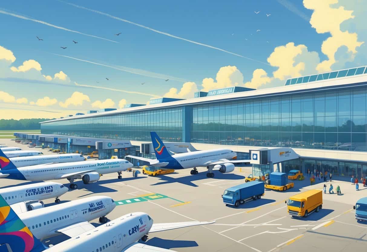 A busy airport terminal at Cary North Carolina with airplanes from different international airlines parked at gates and travelers moving around the terminal.