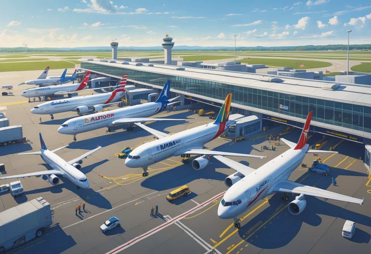 An airport terminal at Raleigh-Durham International Airport with multiple international airplanes parked at gates and passengers moving around.