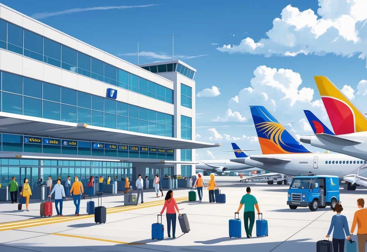 A busy international airport terminal with multiple airplanes from different countries parked at gates, passengers walking with luggage, and airport staff and vehicles active on the tarmac.