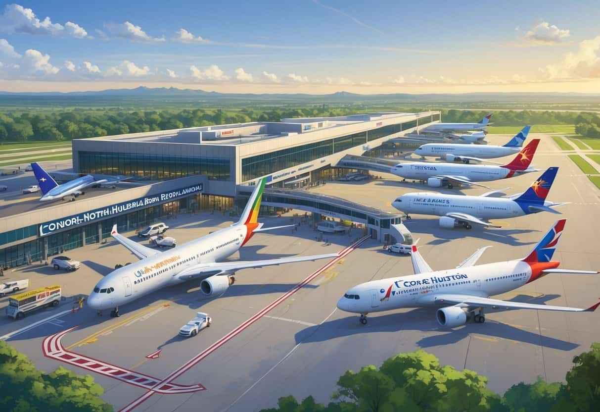An airport scene showing international airplanes from various airlines at Conroe-North Houston Regional Airport with a modern terminal and surrounding landscape.