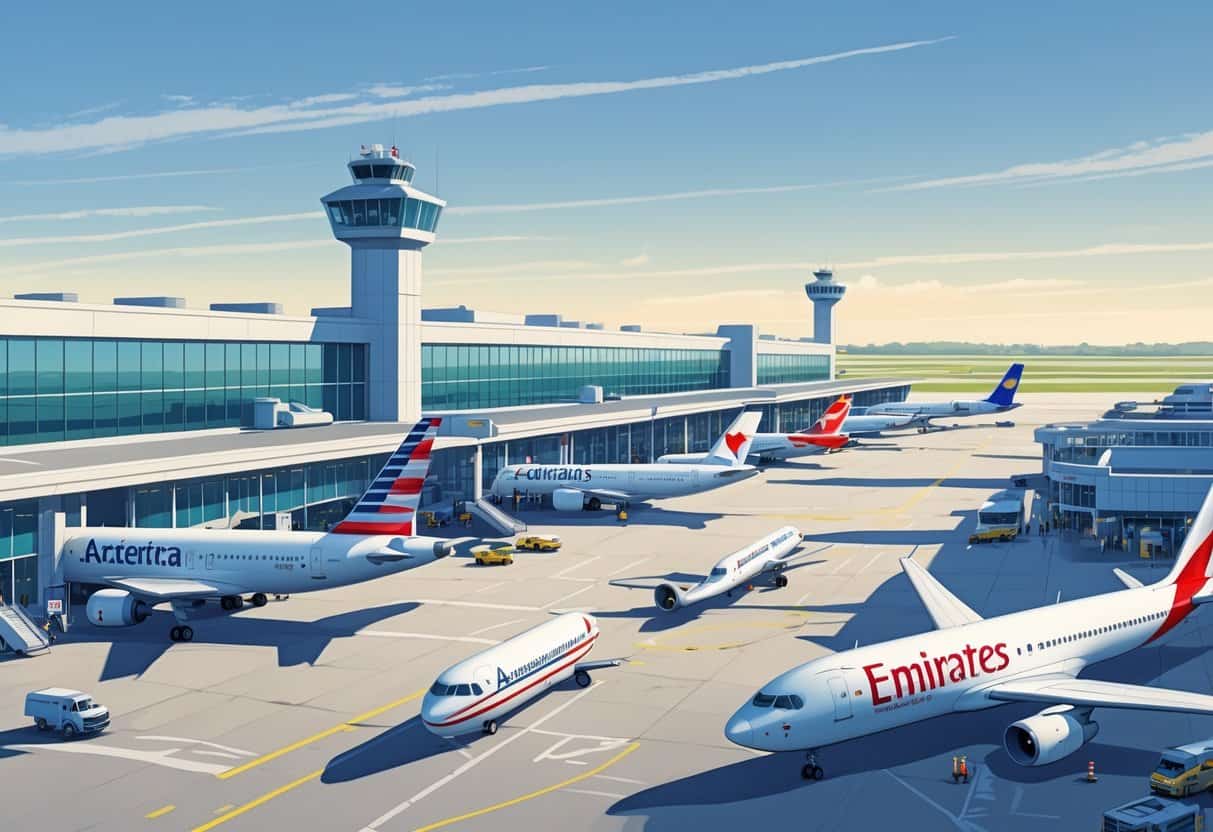 A busy airport terminal at Cedar Rapids Iowa Airport with several international airplanes parked at gates and airport staff working nearby.