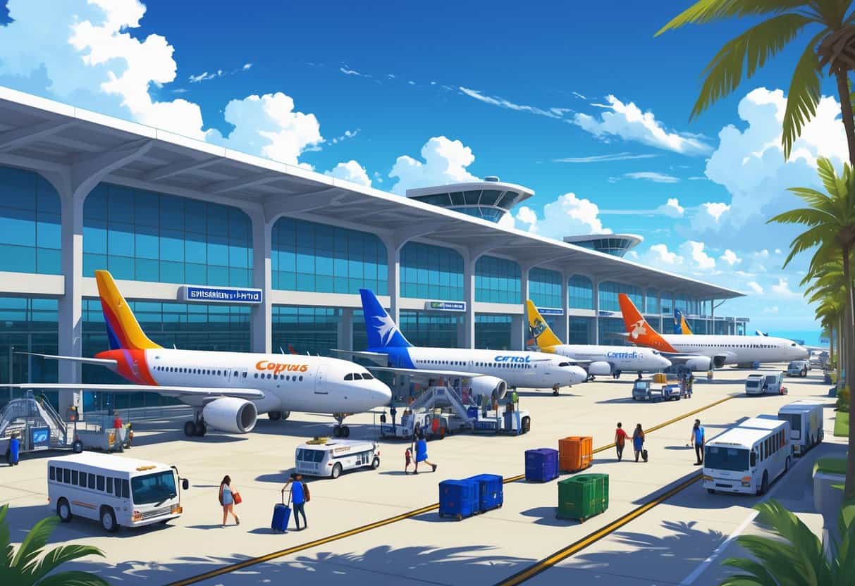 A busy international airport terminal at Corpus Christi, Texas, with airplanes from various airlines parked and passengers moving around the gates.