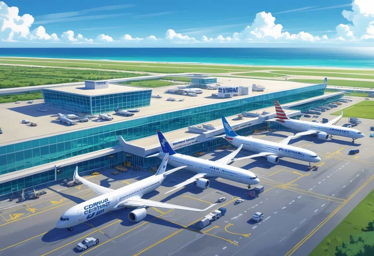 Aerial view of Corpus Christi Texas Airport with several international airplanes parked and taxiing, surrounded by coastal landscape and the Gulf of Mexico.