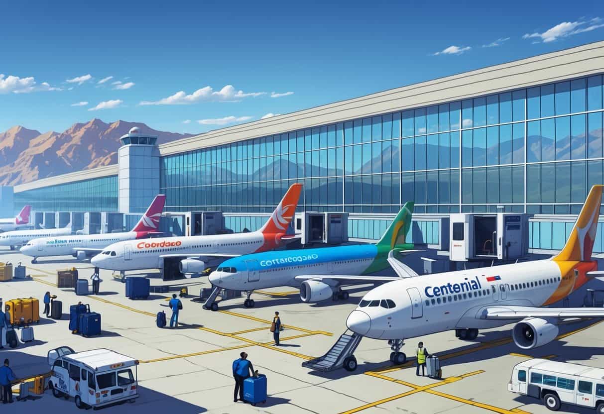 A busy airport terminal with airplanes from different international airlines parked at gates, travelers and airport staff moving around, with mountains visible in the background.