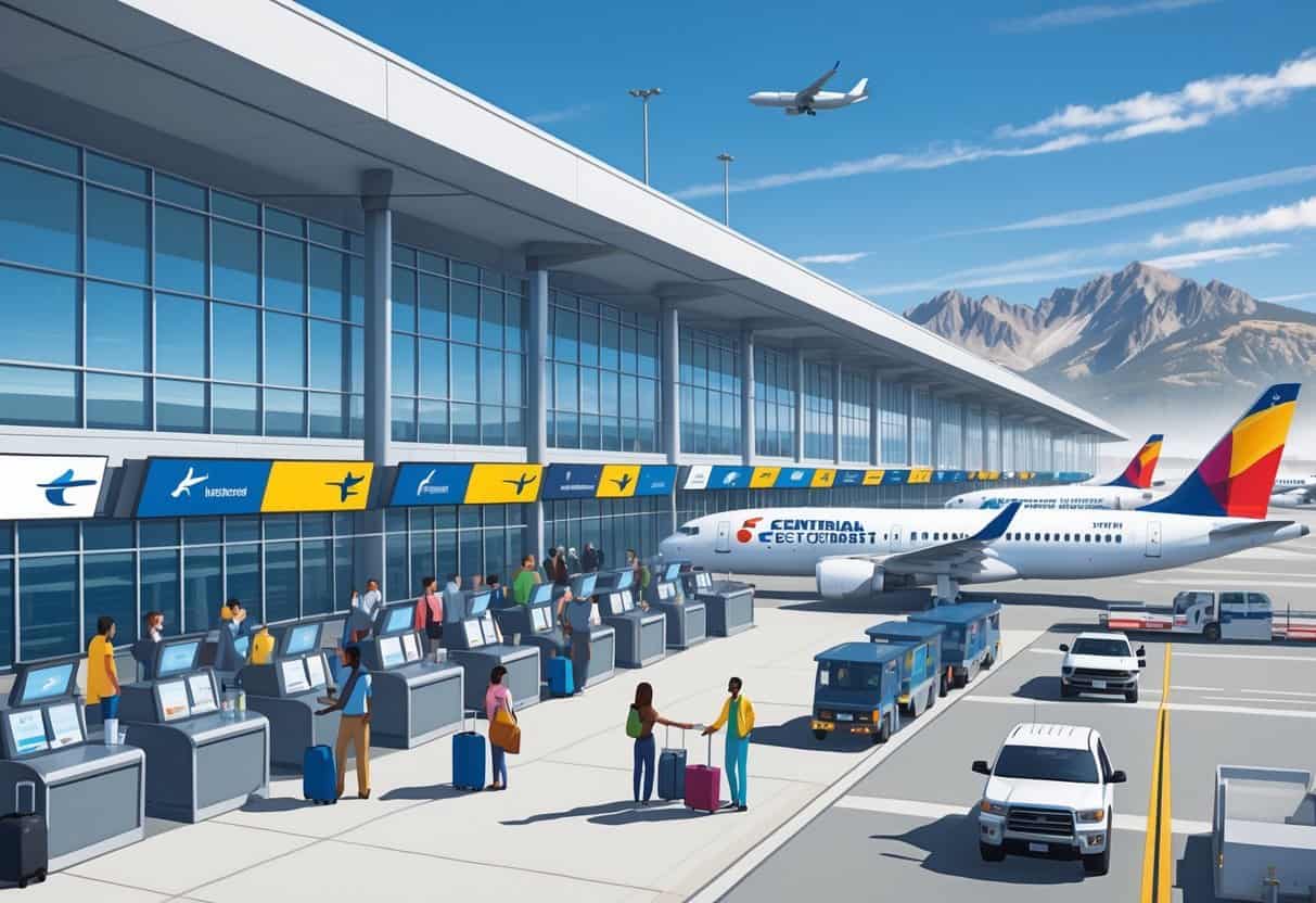 A busy airport terminal at Centennial Colorado Airport with international airplanes parked outside and diverse passengers inside preparing for flights.