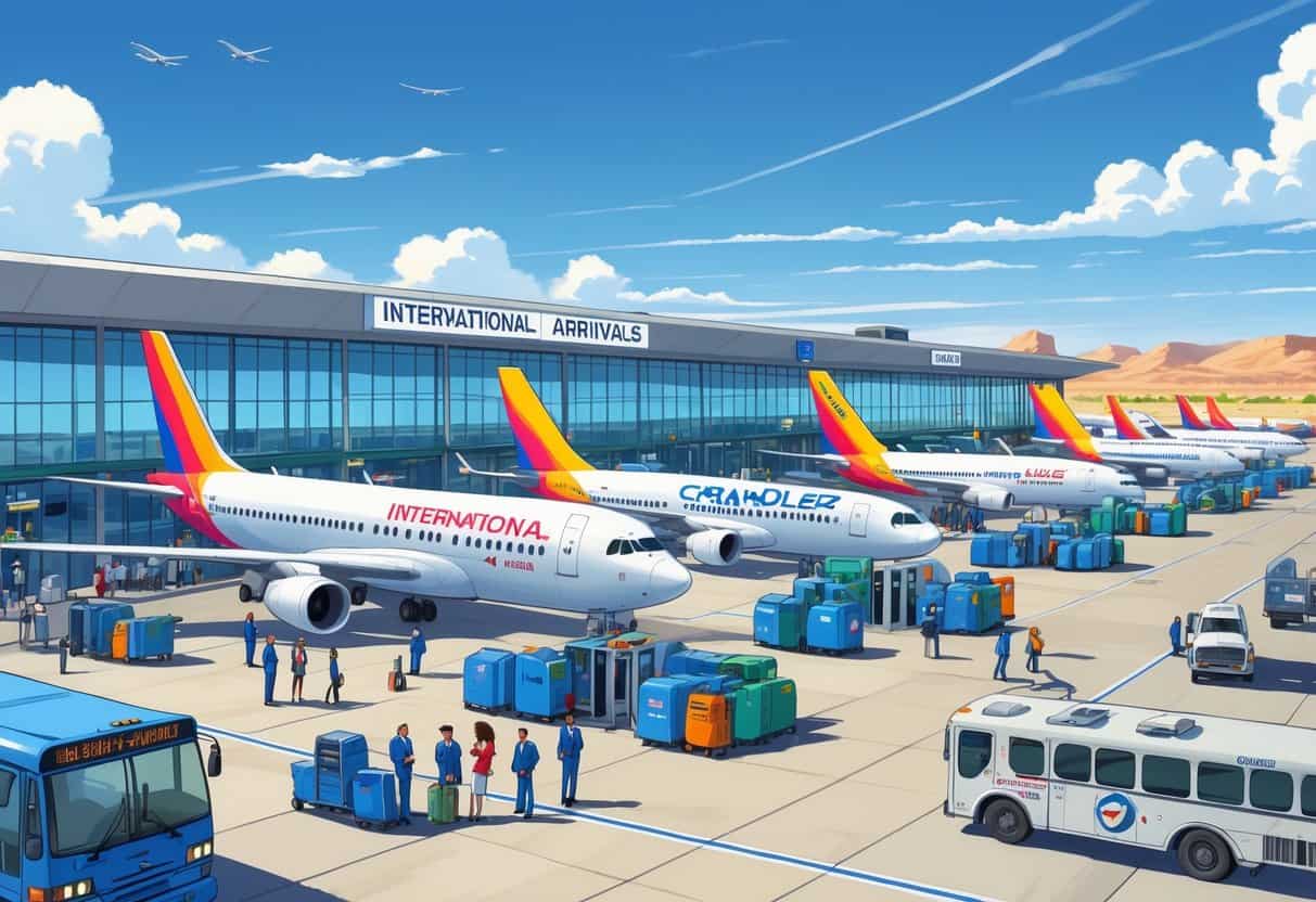 An international airport terminal in Chandler, Arizona, with airplanes from various airlines at gates and travelers moving around the terminal.