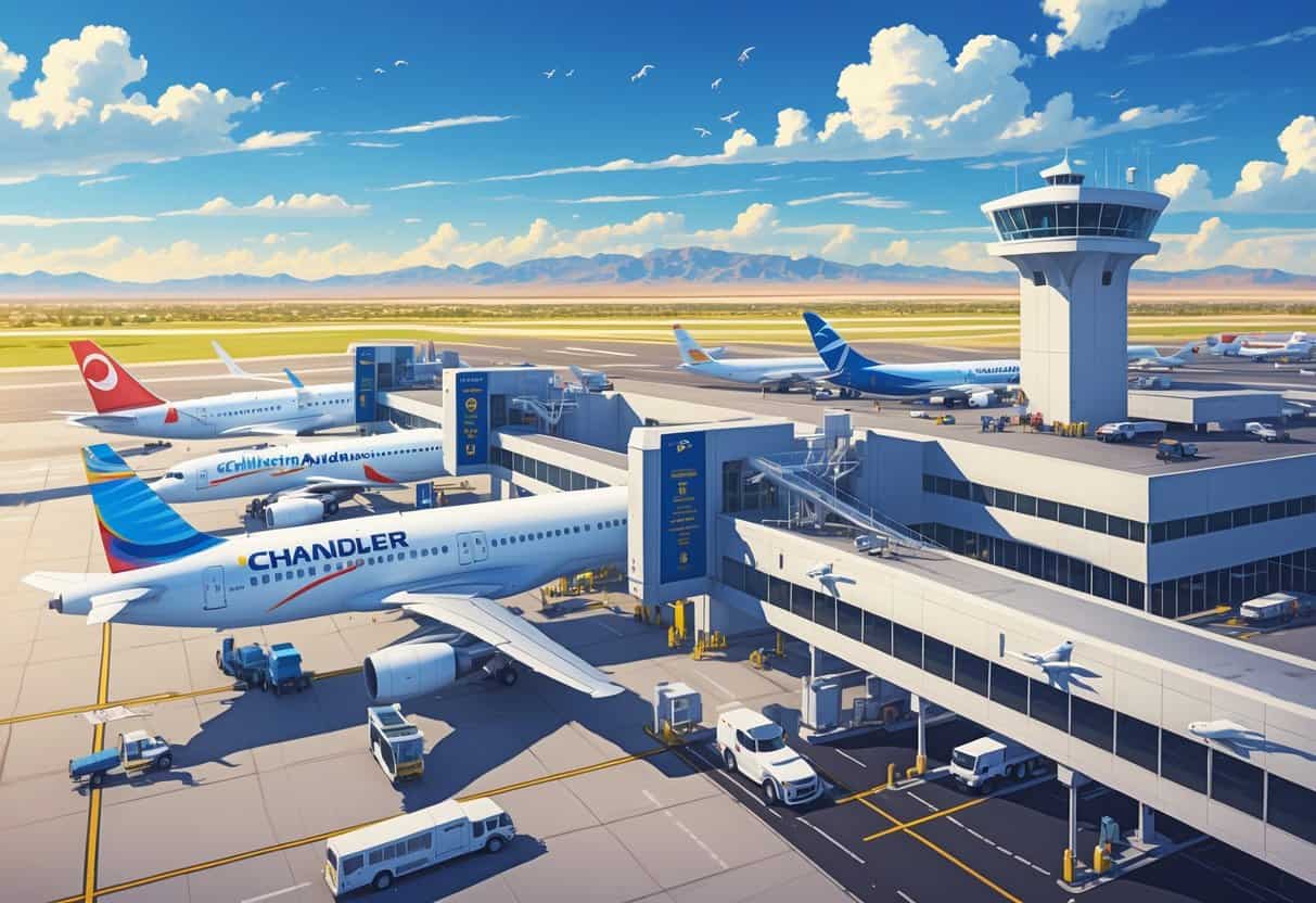 An airport terminal with multiple international airplanes parked at gates, surrounded by desert landscape with cacti and mountains in the background.