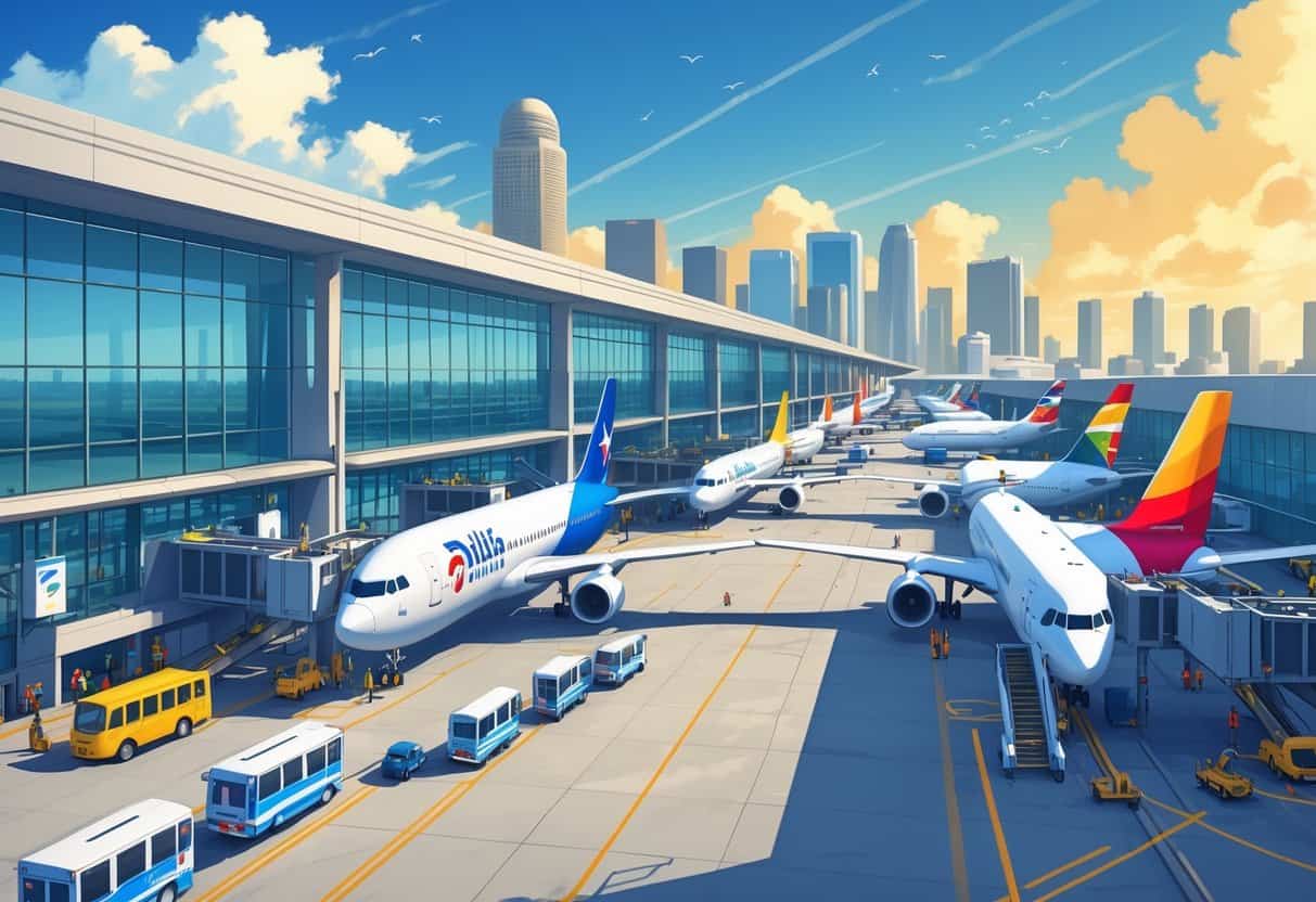 An international airport terminal at Dallas with multiple airplanes from different countries parked at gates and people boarding and disembarking.