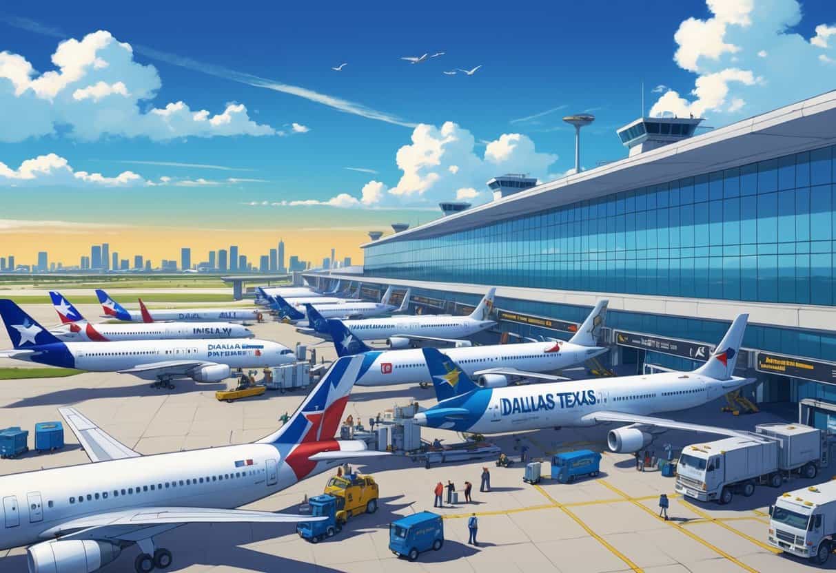 A busy Dallas Texas Airport international terminal with multiple large airplanes from various international airlines parked at gates, passengers walking nearby, and airport vehicles servicing the planes under a clear sky.