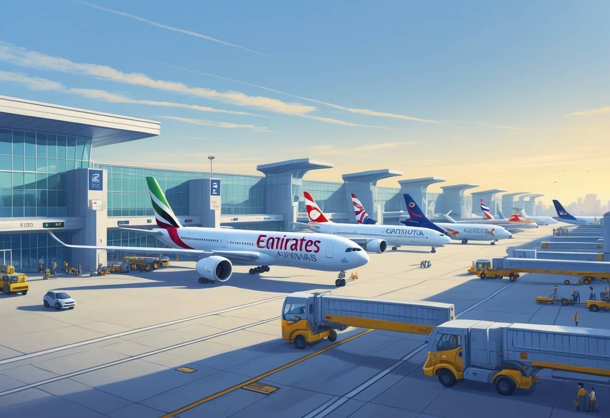 An airport scene showing several large international airplanes parked at gates with airport staff and passengers nearby, set at a modern airport terminal.