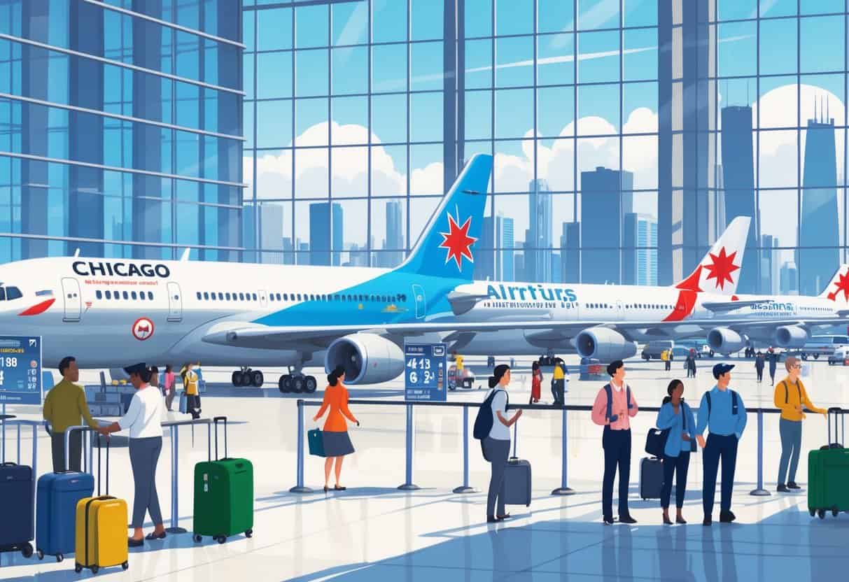 Busy airport terminal in Chicago with airplanes from various international airlines parked outside and passengers moving through the terminal.