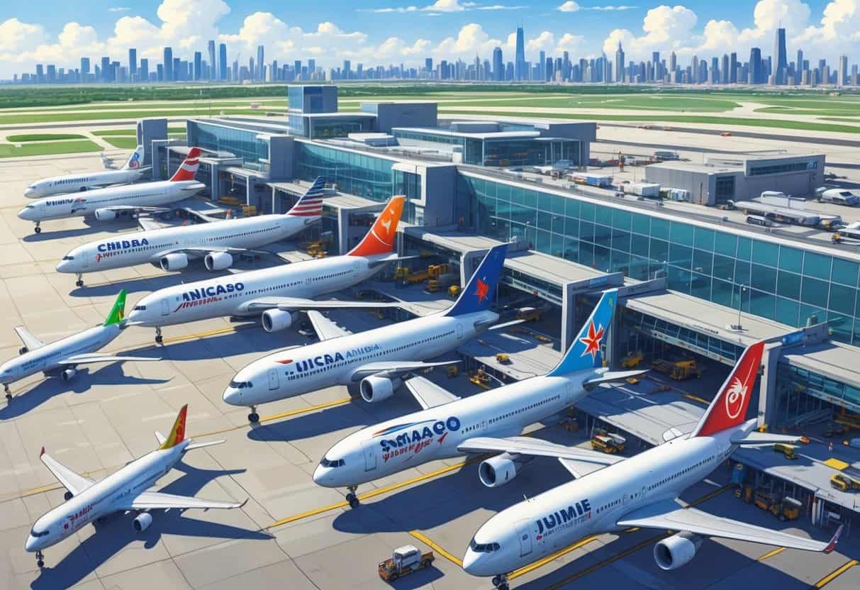 A busy airport scene showing multiple international airplanes parked at gates with a modern terminal and city skyline in the background.