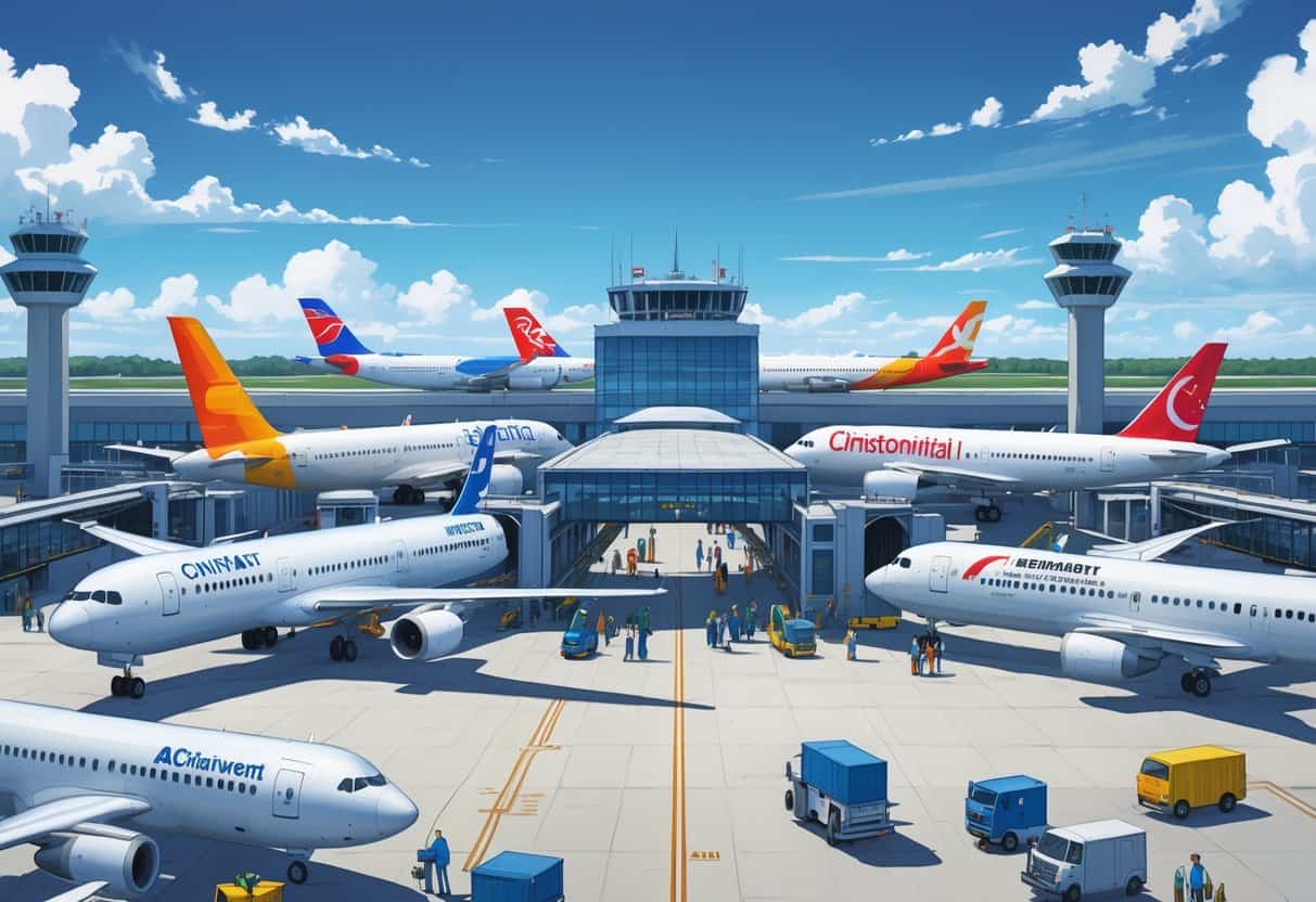 Overview of an airport terminal with multiple international airplanes parked at gates and passengers moving around the area.