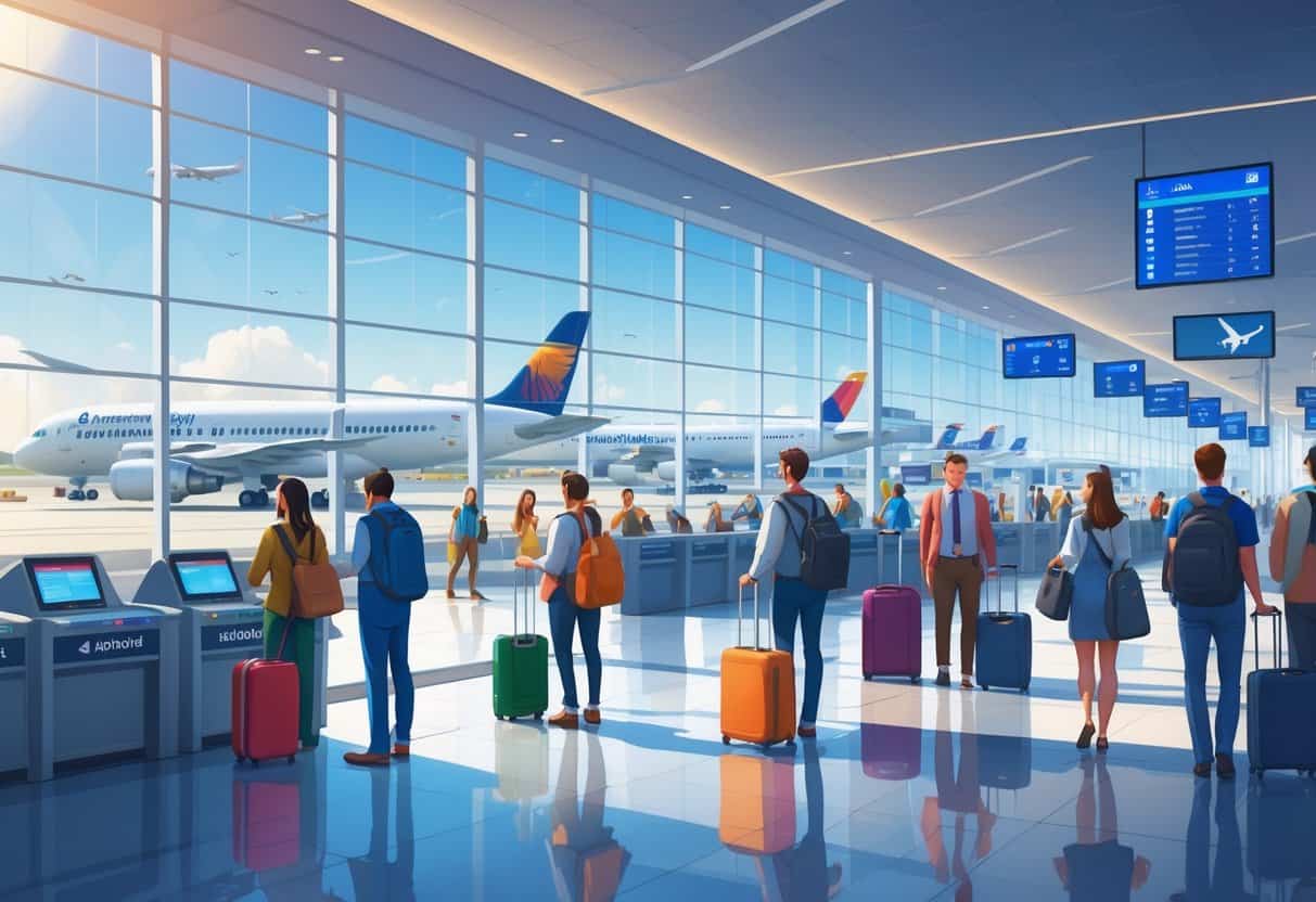 A busy airport terminal at Chula Vista California with travelers, airplanes outside large windows, and airline check-in counters.