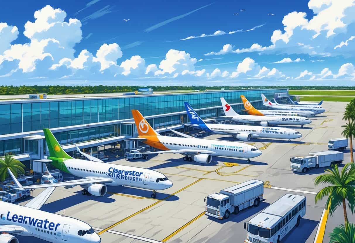 A busy international airport terminal at Clearwater Florida with airplanes from various global airlines parked at gates and ground vehicles moving around under clear blue skies.