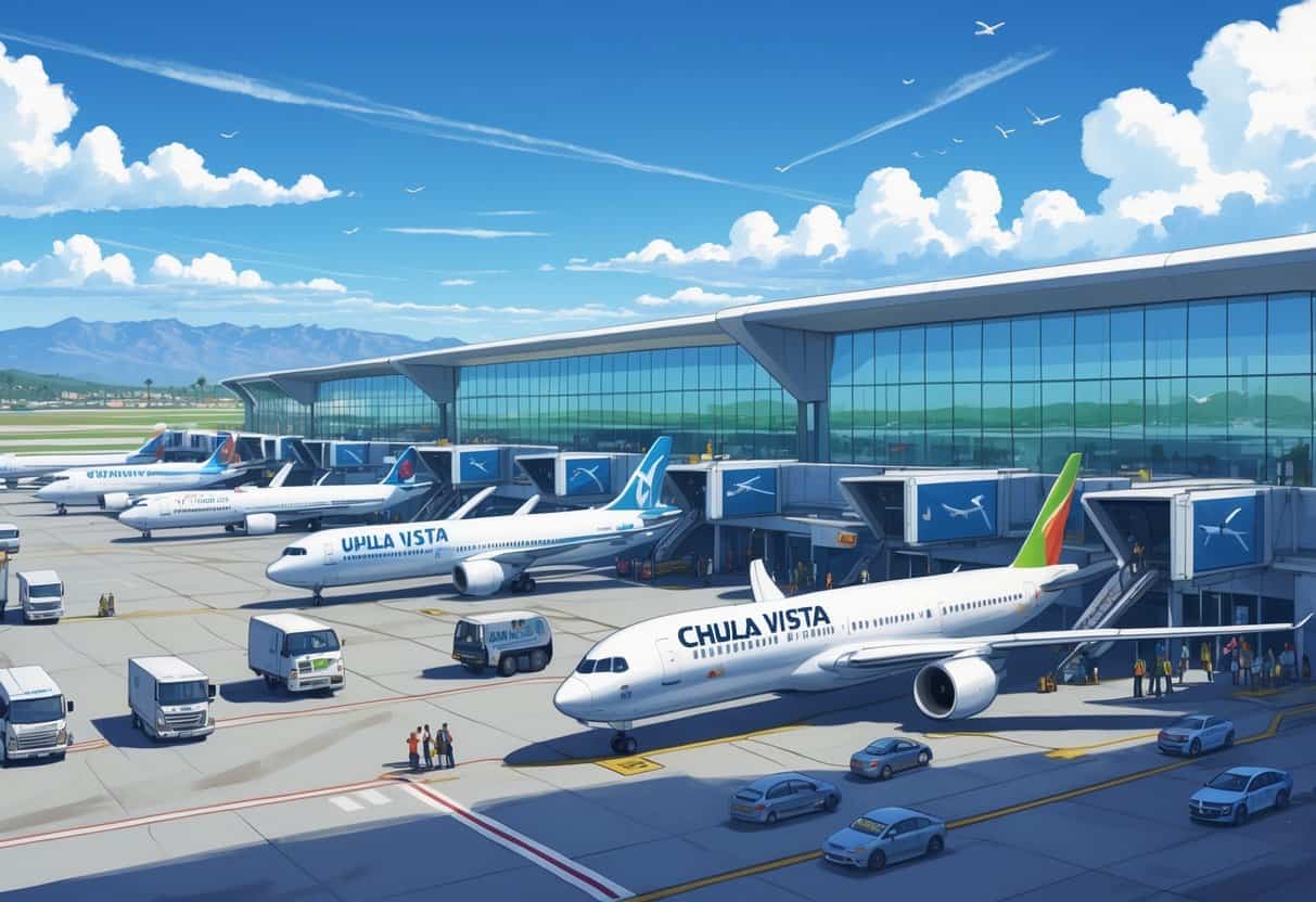 International airport terminal at Chula Vista California with several airplanes from different airlines parked at gates and passengers moving around.