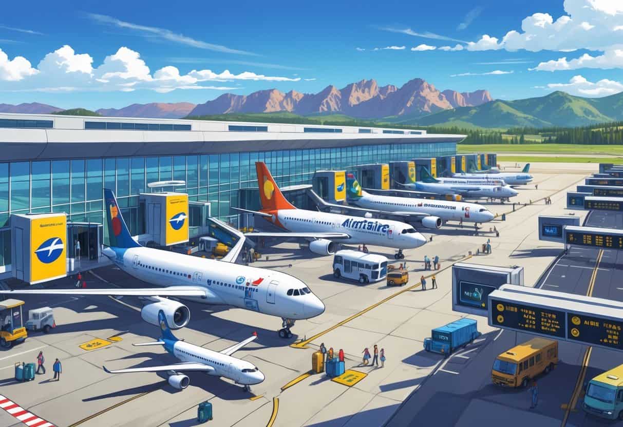 A busy airport terminal at Colorado Springs with international airplanes parked at gates and passengers walking nearby, set against a mountainous background.