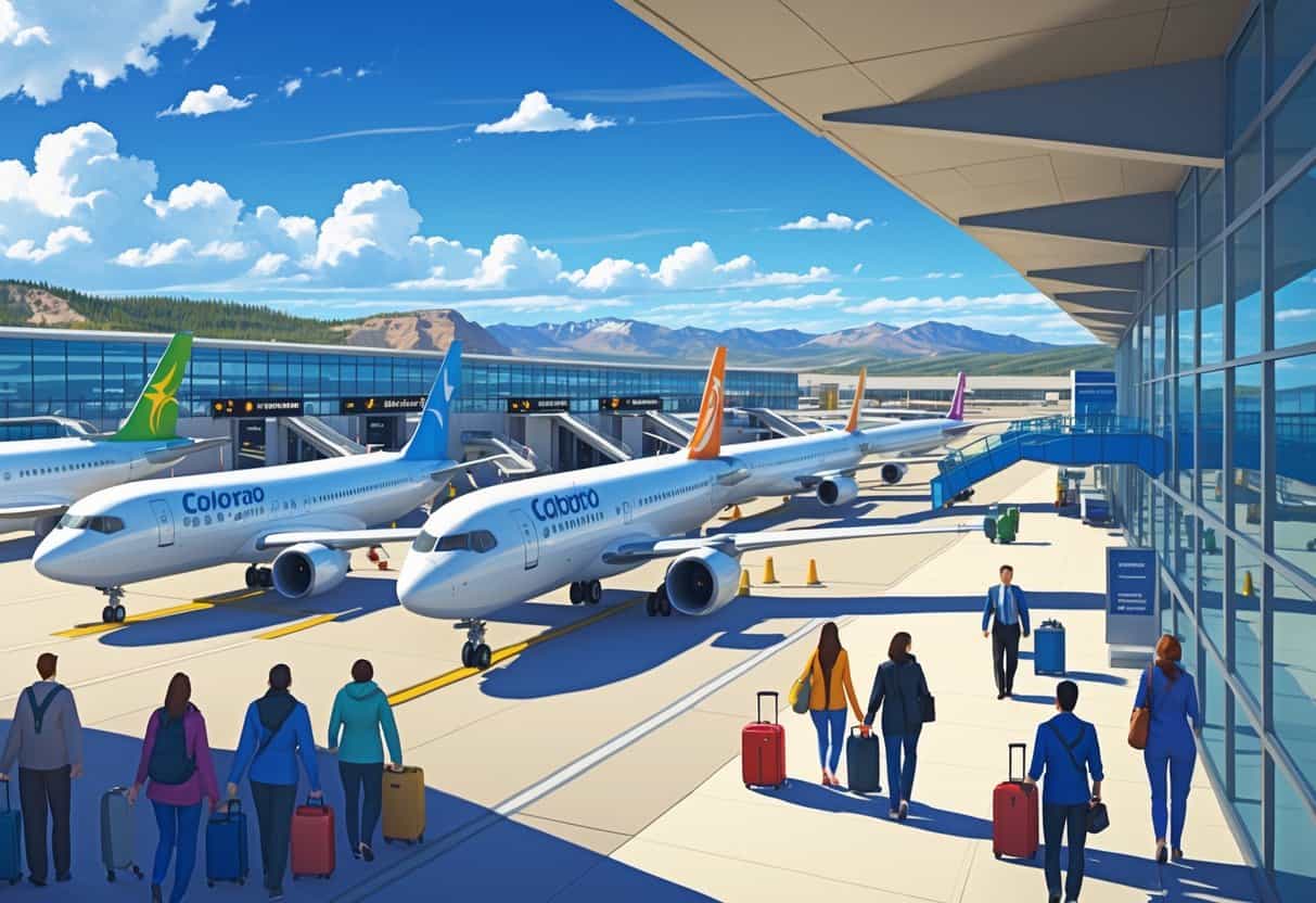 A busy airport terminal at Colorado Springs with several international airplanes parked and travelers moving through the terminal with mountains in the background.