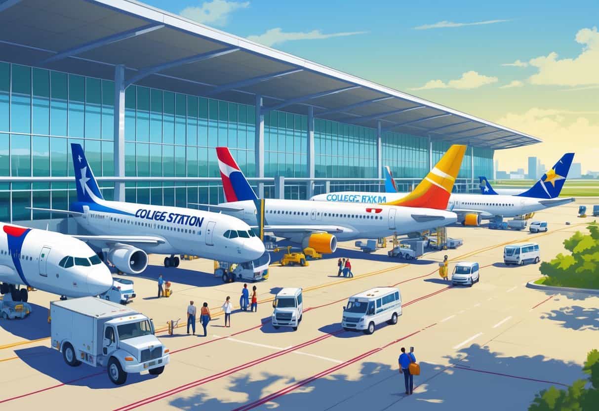 A busy airport terminal at College Station Texas with multiple international airplanes at gates and passengers moving through the terminal.